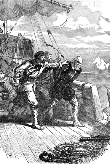 Henry Hudson (fl. 1607-1611) was an English navigator and explorer. He ascended the Hudson River and established Dutch claims to the region. He later explored Hudson Bay for the English, while seeking the Northwest Passage. The hudson River and Hudson Bay are boith named for him. In June 1611, some of Hudson's crew mutinied and set Hudson (pictured here in this late 1800s engraving) and his son and seven crew members adrift in James Bay in a small open boat. They were never heard from again.