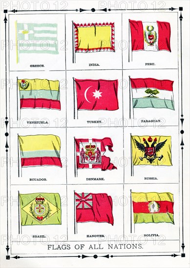 This illustration of national flags dates to 1896. They are, from left to right, top to bottom: Greece, India, Peru, Venezuela, Turkey, Paraguay, Ecuador, Denmark, Russia, Brazil, Hanover, Bolivia.