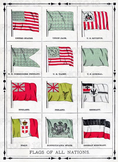 The flags shown in this illustration from 1896 are from left to right top to bottom: United States, Union Jack, U.S. Revenue, U.S. Commodore Pennant, U.S. Yacht. U.S. Admiral, England, Ireland, Germany, Italy, Pennsylvania State, German Merchant.