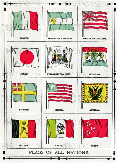 The flags shown in this illustration from 1896 are from left to right top to bottom: France, Argentine Republic, Sandwich Islands, Japan, Philadelphia City, Holland, Sweden, Liberia, Austria, Belgium, Mexico, and Egypt.