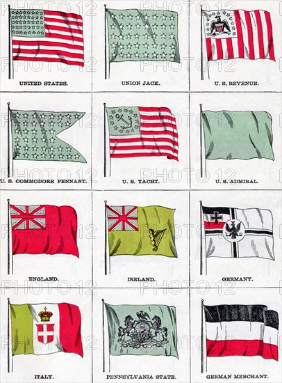 National Flags from 1896. The flags shown in this illustration from 1896 are from left to right top to bottom: United States, Union Jack, U.S. Revenue, U.S. Commodore Pennant, U.S. Yacht. U.S. Admiral, England, Ireland, Germany, Italy, Pennsylvania State, German Merchant.