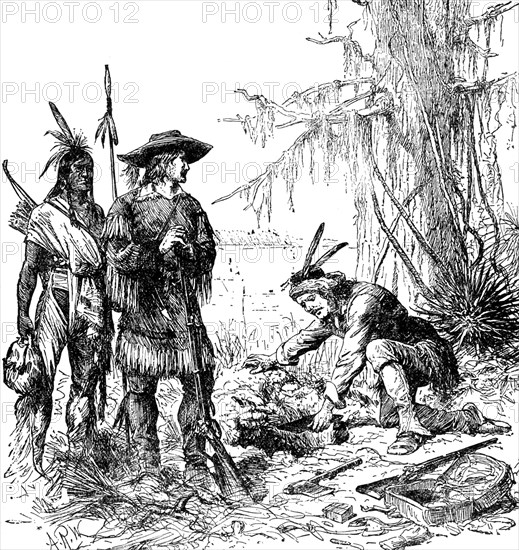 The French and Indian Wars (1689-1763) was the name given to the North American colonial wars between England and France in the late 17th and 18th centuries, the aim of which was dominantion of the eastern part of the continent. The Ohio Valley was particularly beautiful and fertile and claimed by both countries. The French explored the country and caused leaden plates engraved with the arms of France to deposited at its principal points to attest their claim. In this late 1800s engraving, French explorers are depicted burying leaden plates.