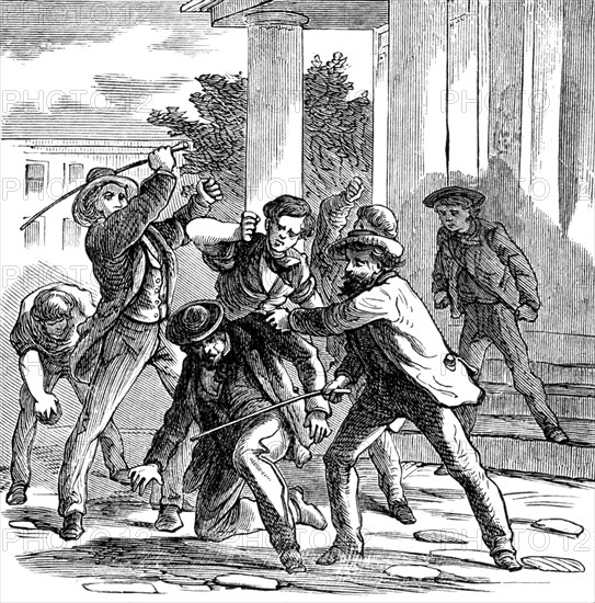 In 1765, the English Parliament passed a revenue law called the Stamp Act that required publications and legal documents in the American colonies to bear a stamp.The act was strongly opposed in the colonies, and many Stamp Act officials were beaten by colonists, as depicted here in this late 1800s engraving.