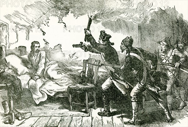 This illustration shows the arrest of General Prescott, Lieutenant-Colonel William Barton and a force of 40 men captured Prescott at his quarters on Prescott Farm in Rhode Island on 10 July 1777 (seen here) and took him to Providence. Prescott was eventually moved and imprisoned in Connecticut, splitting time between East Windsor and Enfield. Lieutenant General Richard Prescott (1725-1788) was a British officer born in England.