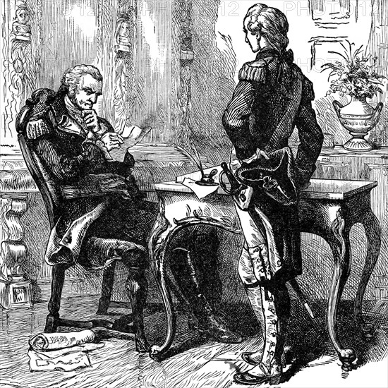 This illustration shows George Washington and Marquis de Lafayette. George Washington met the 19-year-old Marquis de Lafayette on August 5, 1777. Only a week earlier, the Continental Congress appointed the young Frenchman to be a volunteer Major General in the Continental Army. Lafayette was assigned to serve on Washington's staff. Lafayette, one of the richest young men in France, left his home country on March 25, 1777, filled with desire to fight against the British in the American Revolution. .