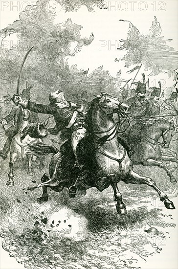 This illustration shows the charge of Count Pulaski. Casimir Pulaski (1745-1779), a Polish nobleman and soldier and commander, was recruited for the American Revolution, where he became a brigadier general in the Continental Army. Known as a ""Soldier of Liberty,"" he made his mark as a cavalry officer and came to be known as ""The Father of American Cavalry."" Pulaski was mortally wounded in battle at Savannah, Georgia. .