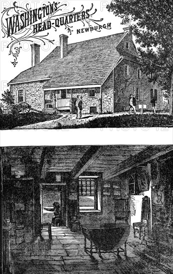 For most of 1782, the American army was encamped at Newburgh, New York. Washington made his headquarters an old stone house, pictured here, that was well adapted for defense and concealment. One room (bottom image) had only one window, but seven doors leading to other parts of the house.