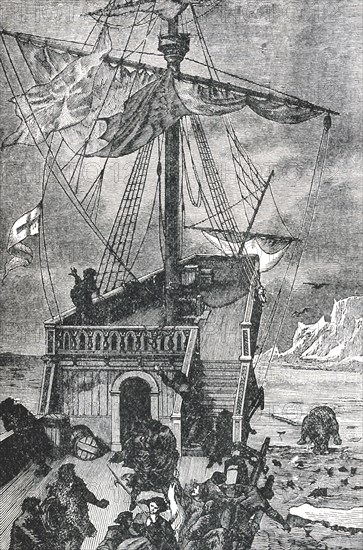 In May 1498, Sebastian Cabot left Bristol, England, enroute west across the Atlantic and reached Labrador, about 400 miles north of the site where his father, John, had landed in June 1497. English claims to the land were based on John's discoveries. The drawing depicts Sebastian Cabot's boat reaching the Labrador coast in 1498.