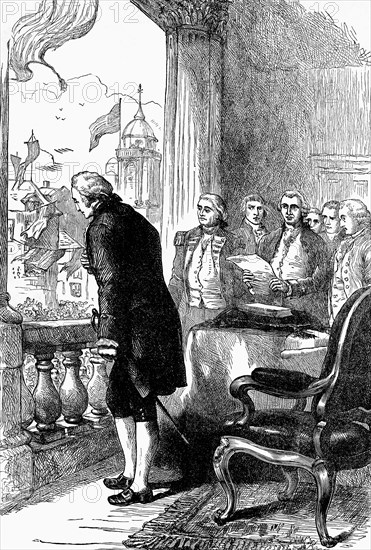 George Washington was inaugurated as the first president of the United States on April 13, 1789. He appeared on the balcony of Federal Hall, New York (shown here), and took the oath of office in the presence of the Senate and House of Representatives, and a large crowd of citizens assembled in the streets below.