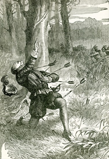 This illustration shows the murder of Governor John White's assistant. In 1587, White became governor of Sir Walter Raleigh's failed attempt at a permanent settlement on Roanoke Island, known to history as the ""Lost Colony."" White had left for England - on his return, he found no one at the colony. Less than a week after his arrival, George Howe was ambushed and killed while crabbing.