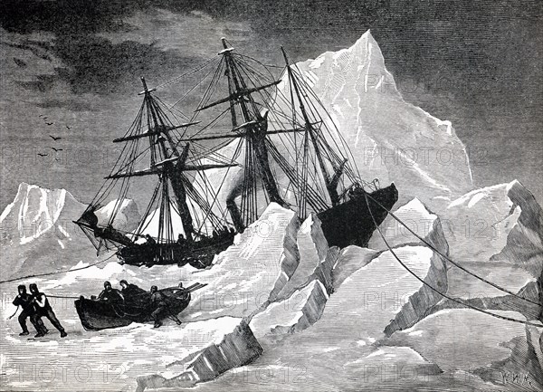 In July 1879, 33 U.S. Navy officers, enlisted men, and civilians set off on the Navy-operated but privately owned steamer Jeannette from San Francisco, California. The goal was to reach the North Pole. In September the ice froze them in. They made headway only when the ice allowed movement. In June 1881, they were at Henrietta Island. The ice parted and they planned to leave, but on the 12th, the floes closed in tightly, crushing the hull of the Jeannette. The men took three small boats and supplies and began heading for safety - about 700 miles away. Only the boat under the officer Melville survived the ordeal. In this illustration, the Jeannette has just been crushed by the ice floes.