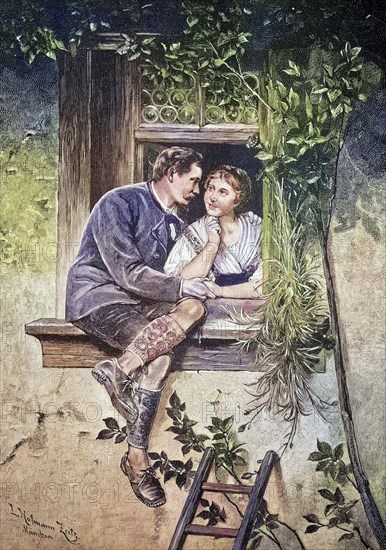 At the window, a man has come over the ladder to the window of his lover and flirts with her in the open window