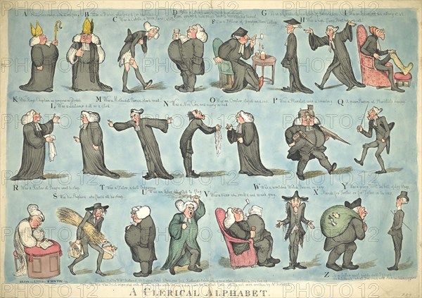 The Clerical Alphabet, Twenty-three clergymen in various attitudes illustrating a satirical alphabet, 1795, Historic, digitally restored reproduction from an original of the period..