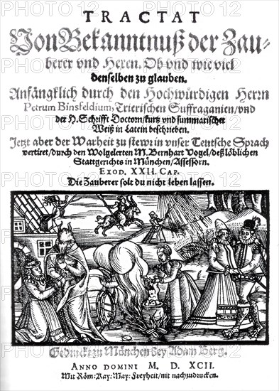 Title page of Binsfeld's Hexentraktat, regarded for at least 100 years as the standard work in the field of witchcraft and instructions for witch hunts, c. 1589., Historical, digitally restored reproduction from an original of the time..