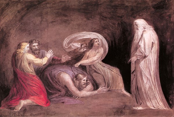 The necromancer or witch of Endor, a character in the 1st Book of Samuel of the Bible, awakens the spirit of Samuel, 1783, Historic, digitally restored reproduction from an original of the period..