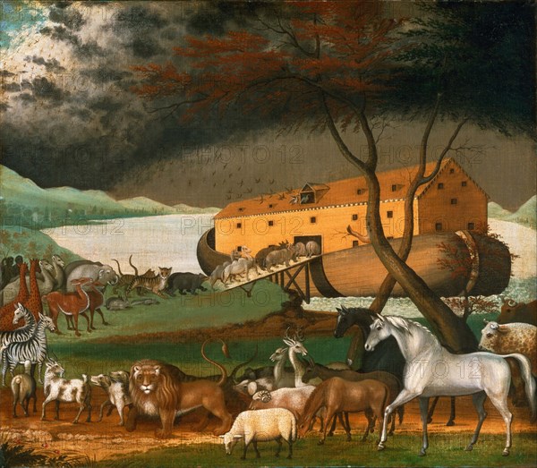 Noah's Ark with the animals entering the boat in pairs, after a painting by Edward Hicks, an American painter of the Naive Art style, 1780 to 1849, Historic, digitally restored reproduction from an original of the time..