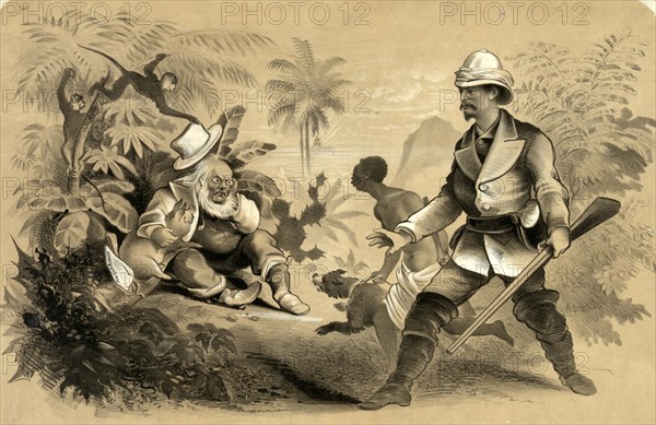 Discovery of the Sage of Chappaqua by HM Stanely. The sage mysteriously disappears on 5 November 1872. His discovery after a lengthy search in the wilderness by the intrepid explorer Stanley. A caricature by Horace Greeley commenting on his disappearance from public life after his defeat in the presidential election on 5 November, Historic, digitally restored reproduction from an original of the period..