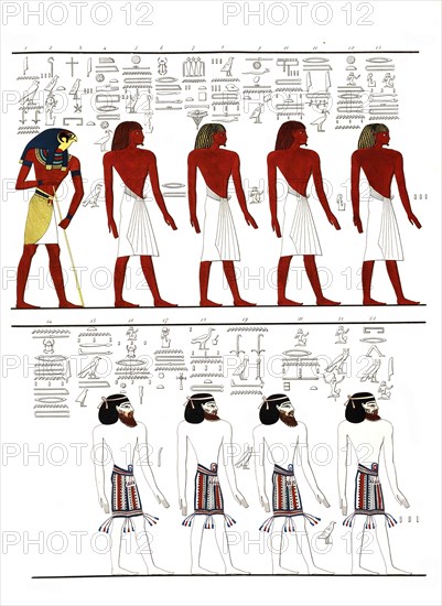 The different kinds of people known to the Egyptians, depicted in the tomb of Menphtah I. The first are the Egyptians themselves, and all are succeeded by the god Horus, 1832-1844, The Monuments of Egypt and Nubia, drawn by the Tuscan Scientific-Literary Expedition to Egypt, illustrated by Doctor Ippolito Rosellini, Historical, digitally restored reproduction from an original of the period..