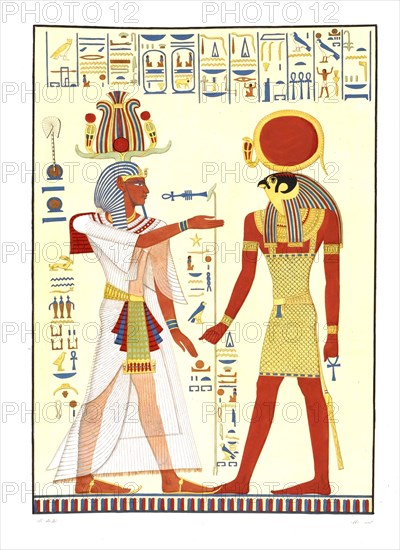 Menphtah II, son and successor of Ramses III, standing before Phre, Ra, two gigantic figures carved and painted in the entrance to the tomb of this king in Biban-el-Moluk, 1832-1844, The Monuments of Egypt and Nubia, illustrated by Doctor Ippolito Rosellini, Historical, digitally restored reproduction from an original of the period..