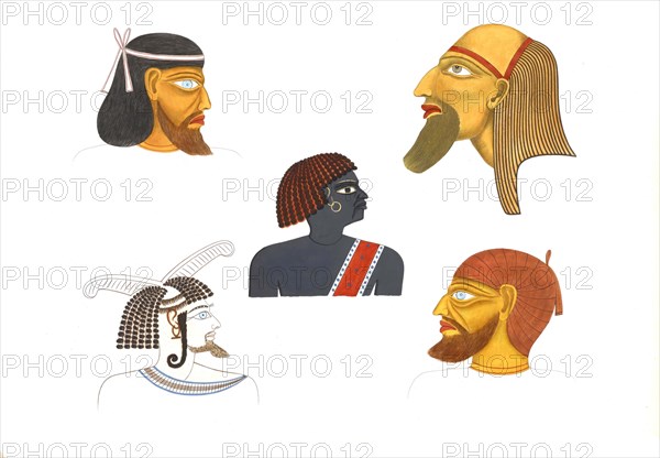 Heads of some foreigners depicted in the preceding plates, in the same size or reduced to a third of the original figures, 1832-1844, The Monuments of Egypt and Nubia, drawn by the Tuscan Scientific-Literary Expedition to Egypt, illustrated by Doctor Ippolito Rosellini, Historical, digitally restored reproduction from an original of the time..