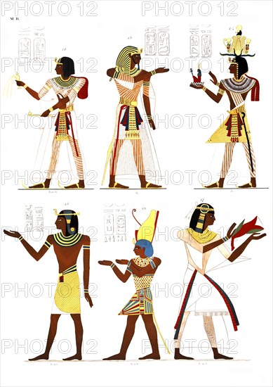 Fig. 12. Rameses VII. Fig. 13. Rameses IX. Fig. 14. Rameses X. Fig. 15. Amenemses. Fig. 16. Nahsctefneb. Fig. 17. Ramses-Manduhipefsciopsc, date 1832-1844, The Monuments of Egypt and Nubia, drawn by the Tuscan Scientific-Literary Expedition to Egypt, illustrated by Doctor Ippolito Rosellini, Historical, digitally restored reproduction from an original of the period..