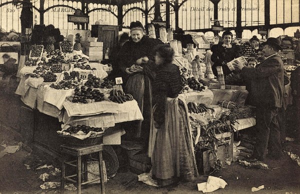 Market Hall, Retail Fruit and Vegetables, 820 les Marches de Paris, Les Halles Centrales, 1895, France, Historic, digitally restored reproduction from an original of the period..