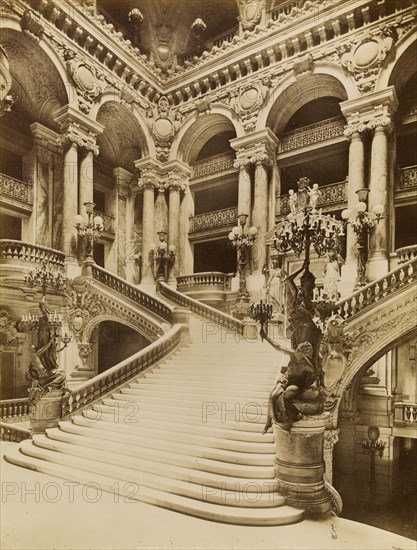 The Grand Staircase of the Opera, 9th arrondissement, 1880, Paris, France, Historic, digitally restored reproduction from an original of the period..