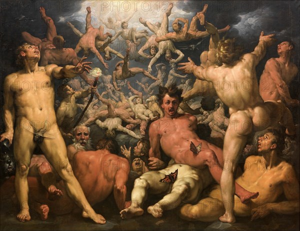 The Fall of the Titans, The lost epic Titanomachy tells of the battle of the Titans between the Olympians, the Hekatoncheirs and a number of Titans, in which they are finally defeated after a hard struggle and driven into the depths of the underworld, the Tartarus, 1588-1590, Painting by Cornelis Cornelisz van Haarlem, Historic, digitally restored reproduction from an original of the time..