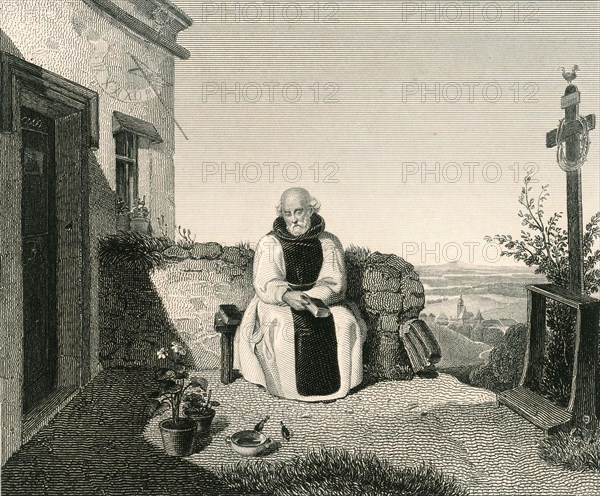 Relaxed monk in the garden, sitting on a bench and watching the birds at a small watering trough in front of him, 1834, Historic, digitally restored reproduction from an original of the period..