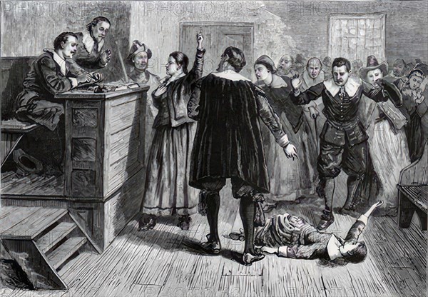 Witch trial, the accused witch has fainted in the courtroom, c. 1800, France, Historic, digitally restored reproduction from an original of the period..