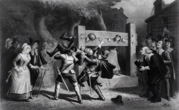 Pillory, torture of criminals and alleged witches, c. 1800, France, Historic, digitally restored reproduction from an original of the period..