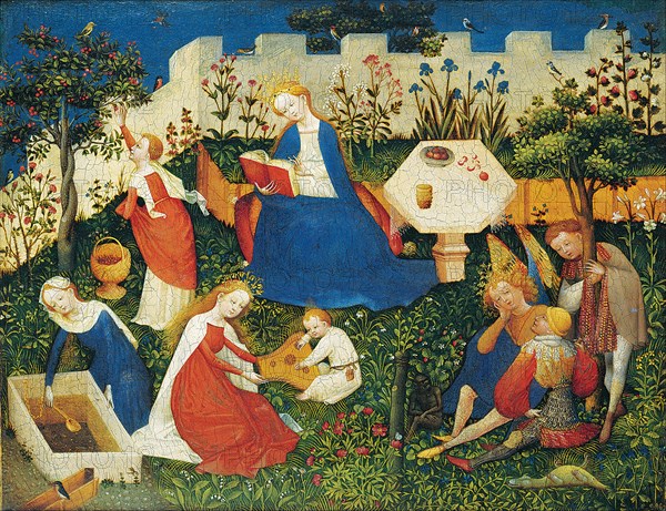 The small garden as paradise, symbolic of the good life of the rich in the Middle Ages, ideal world. Painting by an unknown painter, historical, digitally restored reproduction from an original of the time..