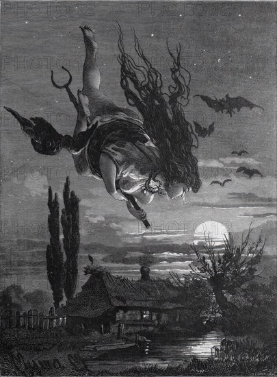 Witch flying through the night on a staff, full moon over a farmhouse, witchcraft magic, 1800, Historic, digitally restored reproduction from an original of the period..