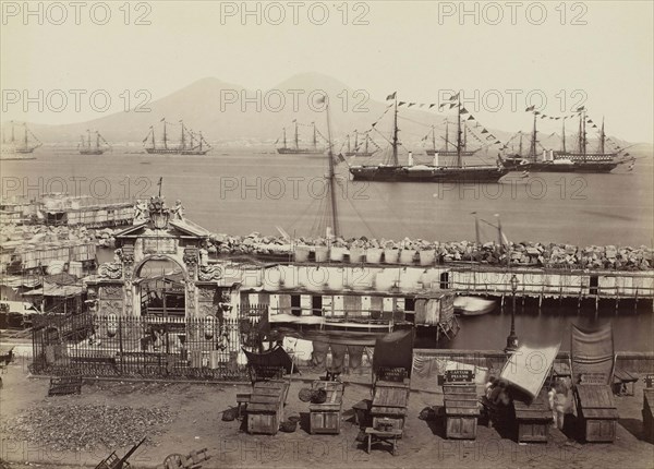 Santa Lucia overlooking the gulf and Vesuvius, 1860, Naples, Italy, Historic, digitally restored reproduction from 19th century original..