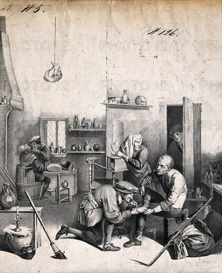 surgeon treats a patient's foot, in the background another surgeon examines a patient in a surgery, Surgical instruments and apparatus, Medical bottles, 17th century treatment, Netherlands, Historic, digitally restored reproduction from a 19th century original..