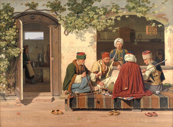 Orientals playing a game of chess in front of a Turkish coffee house and barber shop, 1845, Turkey, Historical, digitally restored reproduction of an original of the period..