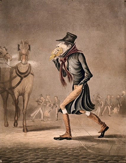 man covering his mouth with a handkerchief walks through a smoggy London street. In the background are two snorting horses and errand boys walking around with burning torches, fog, smog, c. 1860, London, England, Historic, digitally restored reproduction of an original of that period..