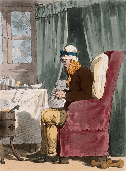 seated hypochondriac trembling in front of a fire, stove, surrounded by pills, living room with armchair and inventory, 1819, England, Historic, digitally restored reproduction of an original of that period..