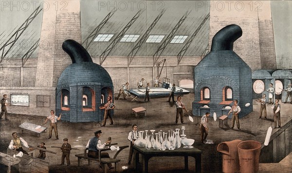 Glass making, the British flat glass factory, the manufacture of flat glass in Britain began in 1773 at this factory in Ravenhead, St Helens, England, Historic, digitally restored reproduction of an original of the time..