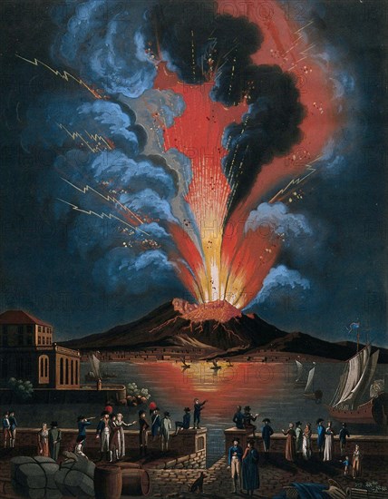 Eruption of Mount Vesuvius at night, 1794, volcano near Naples, Italy, Historical, digitally restored reproduction of an original of the period..