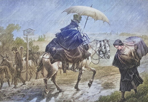 Model rider in the rain with an umbrella on his horse.