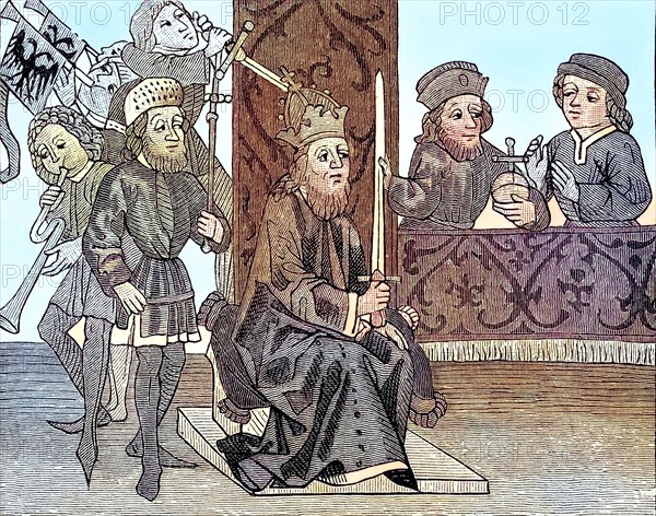 Burggraf Friedrich kneels in front of the Emperor and holds the fief flag that has just been received.