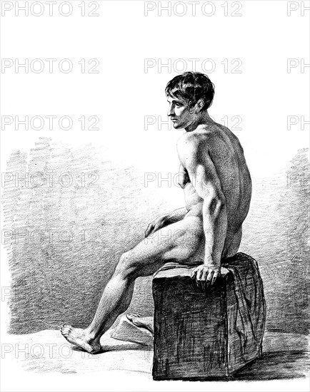 Man sitting naked, Nude, Man sitting on a block, sideways, Historic, digitally restored reproduction from a 19th century original.