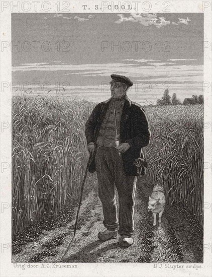 Farmer with a pipe and wooden shoes in a grain field, looking contentedly at the well-grown plants, 1865, Holland, Historic, digitally restored reproduction from a 19th century original.