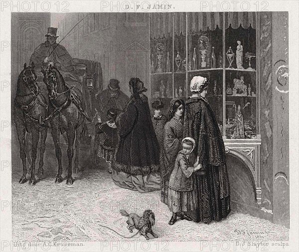 Poor People and Rich People on the Street, 1863, the rich woman looks at the display in a shop, the poor woman begs the coachman for alms, Historic, digitally restored reproduction from a 19th century original.