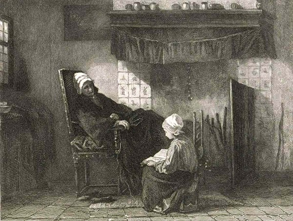 Old woman in an armchair in front of a fireplace, girl reading from a book, 1850, Historic, digitally restored reproduction from a 19th century original.