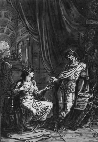 Cleopatra asks Caesar for help, Pharaoh Cleopatra VII born 69 BC, died 12 August 30 BC, ruled Egypt as the last queen of the Macedonian-Greek dynasty of the Ptolemies from 51 BC to 30 BC, Historical, digitally restored reproduction from an original of the time.