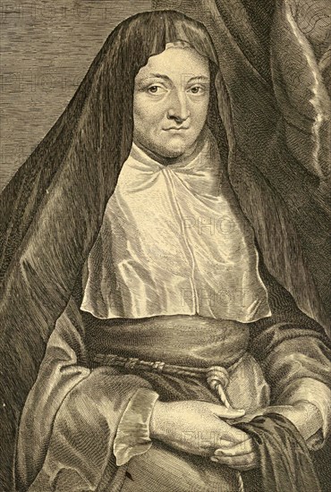 The Infanta Isabella Clara Eugenia of Spain (1566-1633), dressed in Dominican habit, is shown standing half-length frontally, hands clasped in front of her, Historic, digitally restored reproduction from an original of the period.