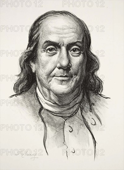 Benjamin Franklin (17 January 1706 - 17 April 1790) was an American printer, publisher, writer, naturalist, inventor and statesman, Historical, digitally restored reproduction from an original of the period.