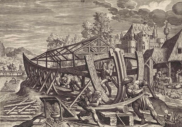 Building Noah's Ark, According to the biblical book of Genesis, Noah's Ark was a buoyant container built by the patriarch Noah, Illustration from 1586, Historic, digitally restored reproduction from an original of the time.